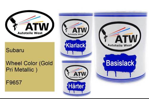 Subaru, Wheel Color (Gold Pri Metallic ), F9657: 1L Lackdose + 1L Klarlack + 500ml Härter - Set, von ATW Autoteile West.